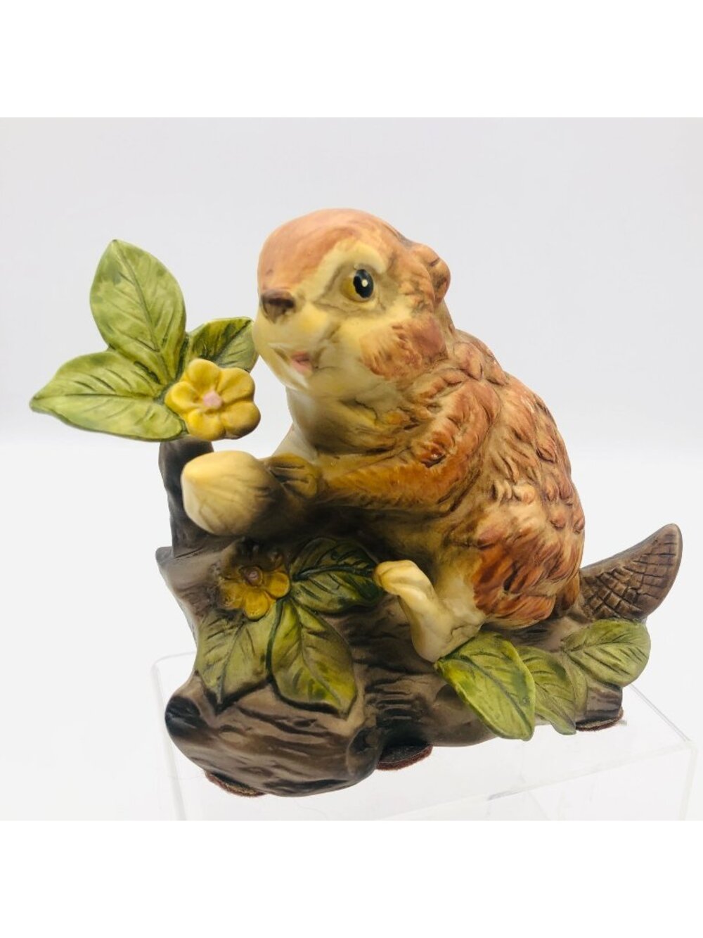 Vintage Hand-Painted Porcelain Beaver Figurine on Tree Flowers 5" - Picture 1 of 9